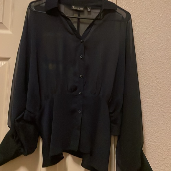 Beautiful 7th Avenue New York and Company. Dark Navy Blue sheer blouse . Sexy. - Picture 3 of 4